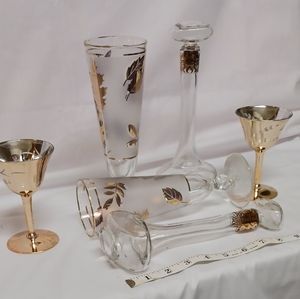 HolidayVintage gold & silver martini & champagne glasses & 2 antique bottles 6pc
